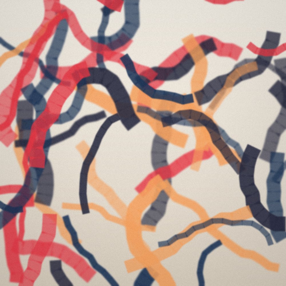 Ribbons of navy, red and orange paint and torn paper on a pale ground